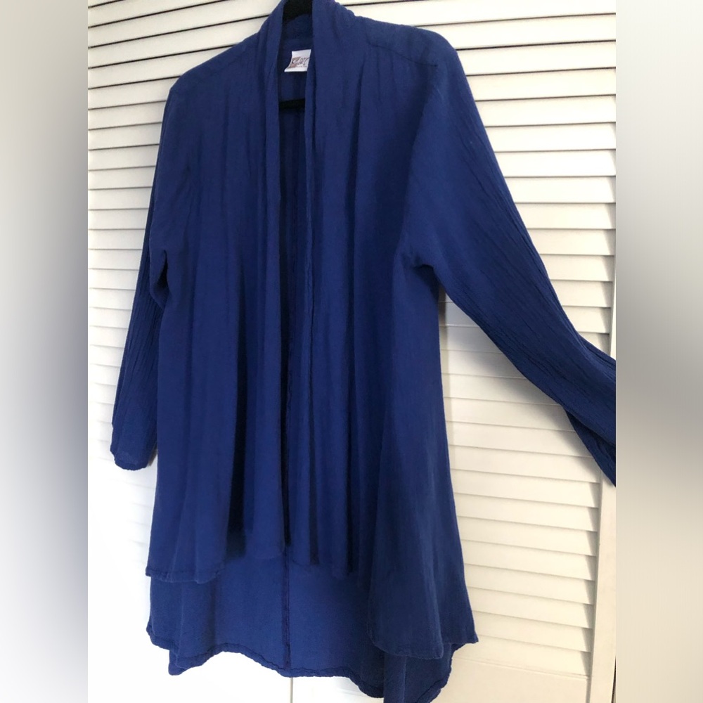 Oh My Gauze.Blue long Tuxedo type jacket. 30inch front to 36inch back.